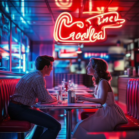 Retro Couple Dining in Neon-Lit Diner