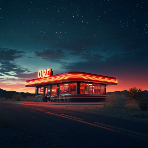 Retro Diner Lit Up Under Starry Sky