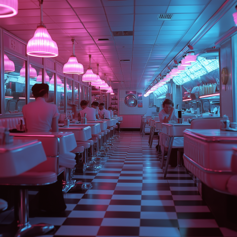 Retro Diner with Neon Pink and Blue Lighting