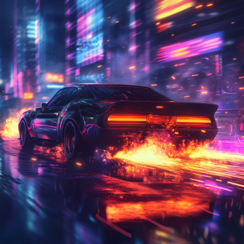Retro Muscle Car Racing Through Cyberpunk City