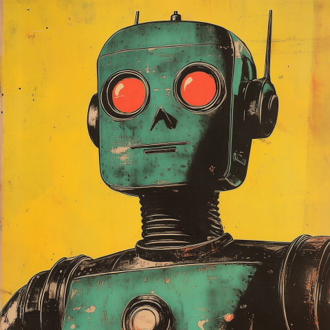 Retro Pop Art Robot with Red Eyes