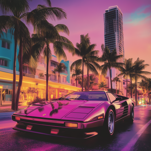 Retro Sports Car on Neon-Lit Miami Street