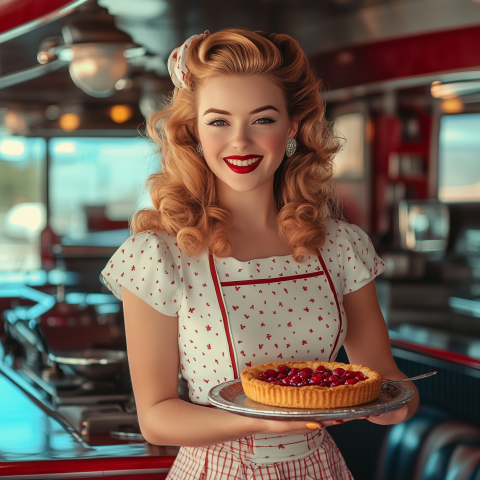 Retro Waitress Holding Cherry Pie in Diner