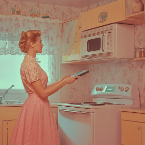 Retro Woman Using Futuristic Tablet in Kitchen