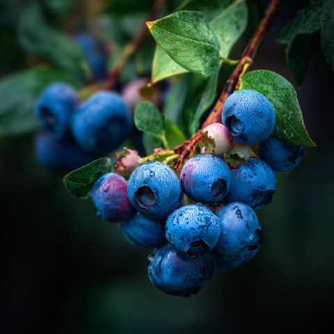 Ripe Blueberries on Branch Close-Up