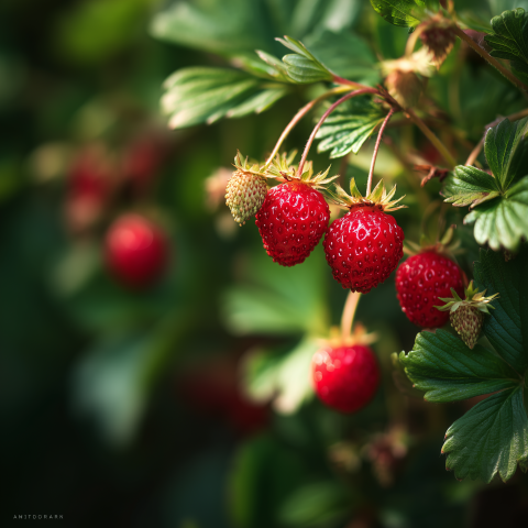 Ripe Strawberries Growing on Bush