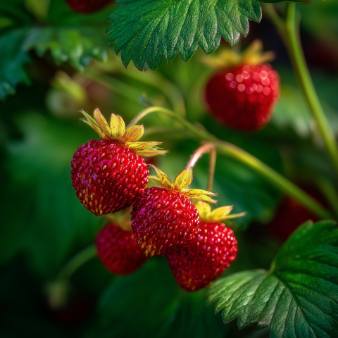 Ripe Strawberries Hanging on Plant