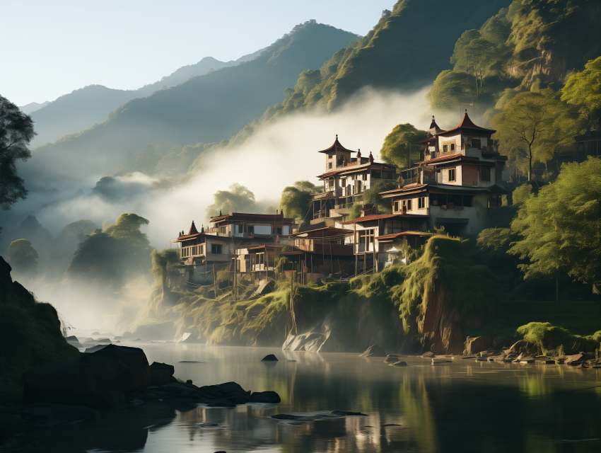 Riverfront Village with Misty Mountains