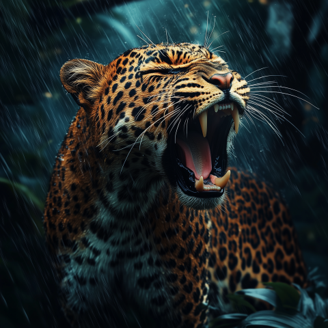 Roaring Leopard in the Rainforest