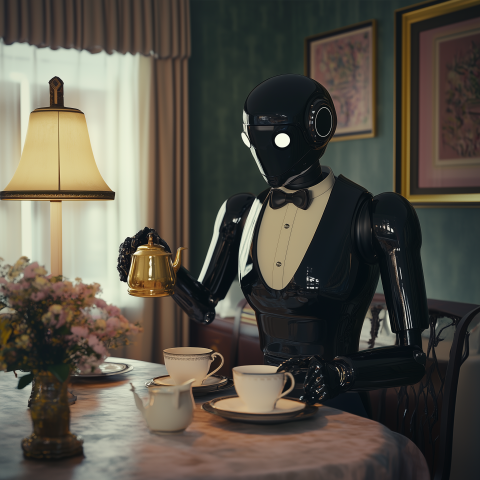 Robot Butler Pouring Tea in Elegant Room