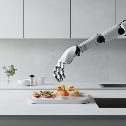 Robot Hand Preparing Gourmet Dishes in Minimalist Kitchen