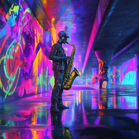 Robot Saxophonist in Neon Graffiti Tunnel
