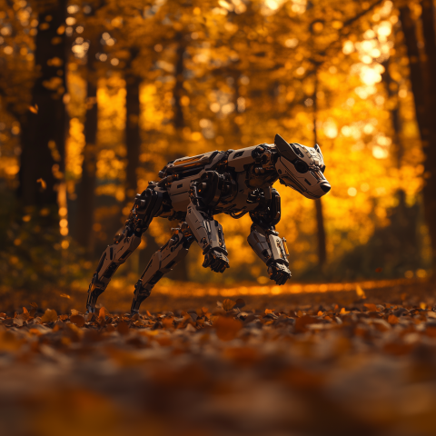Robotic Dog Walking Through Autumn Forest