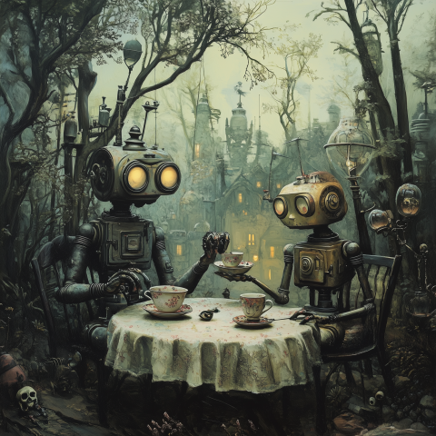 Robots Having Tea in Enchanted Forest