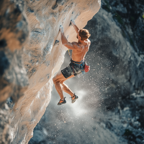 Rock Climber Hangs from Vertical Cliff