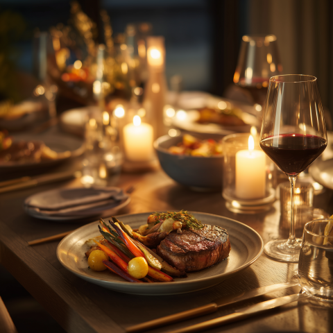 Romantic Candlelit Dinner with Gourmet Steak and Red Wine