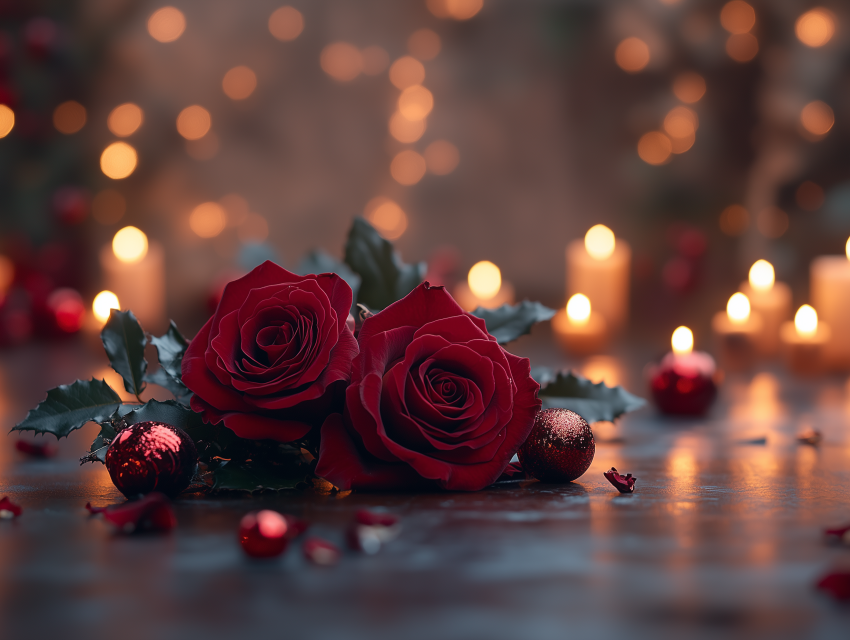 Romantic Red Roses with Candlelit Holiday Decor
