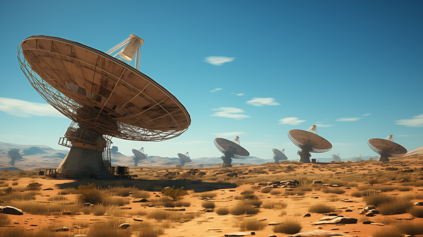 Row of Large Satellite Dishes in Desert