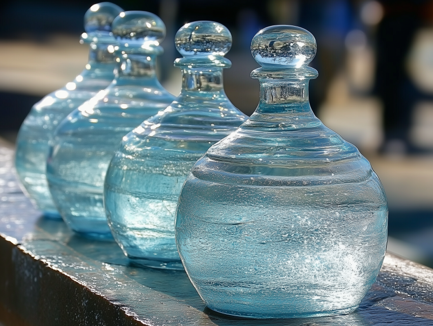 Row of Transparent Blue Glass Bottles