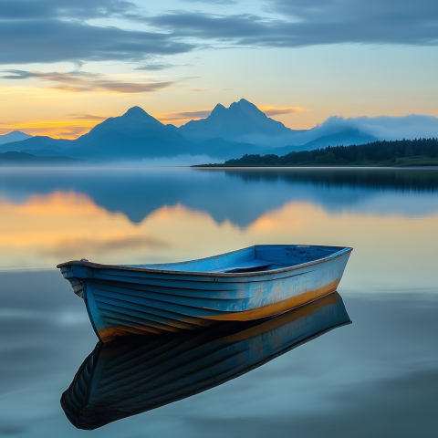 Rowboat on Calm Lake at Sunrise