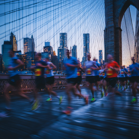 Runners on Bridge at City Sunrise