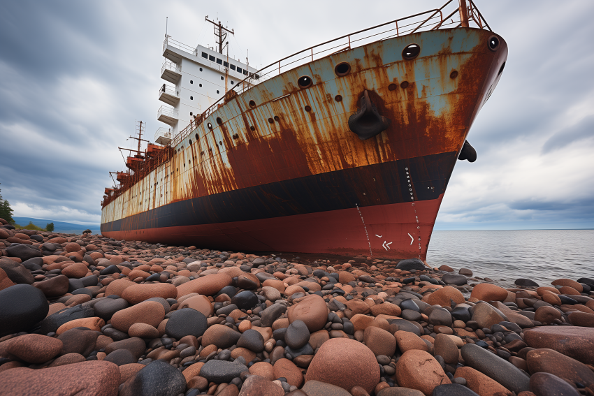 Rusted Cargo Ship Stranded on Rocky Shore