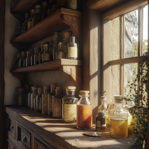 Rustic Apothecary Shelf Bathed in Light