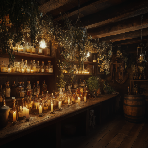 Rustic Apothecary with Candlelight Glow