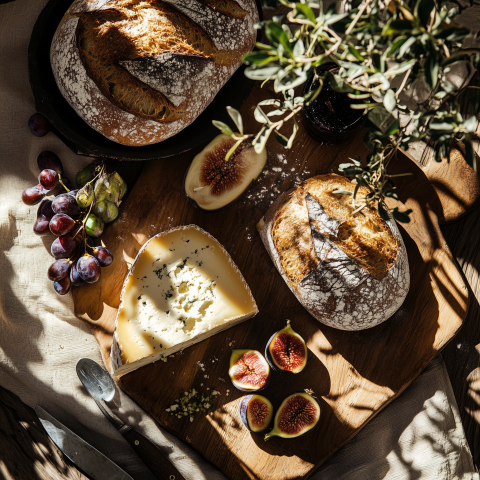 Rustic Bread and Cheese with Figs and Grapes