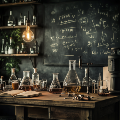 Rustic Chemistry Lab with Glassware and Formulas