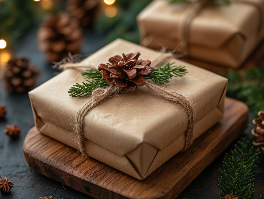 Rustic Christmas Gift Wrapped in Kraft Paper
