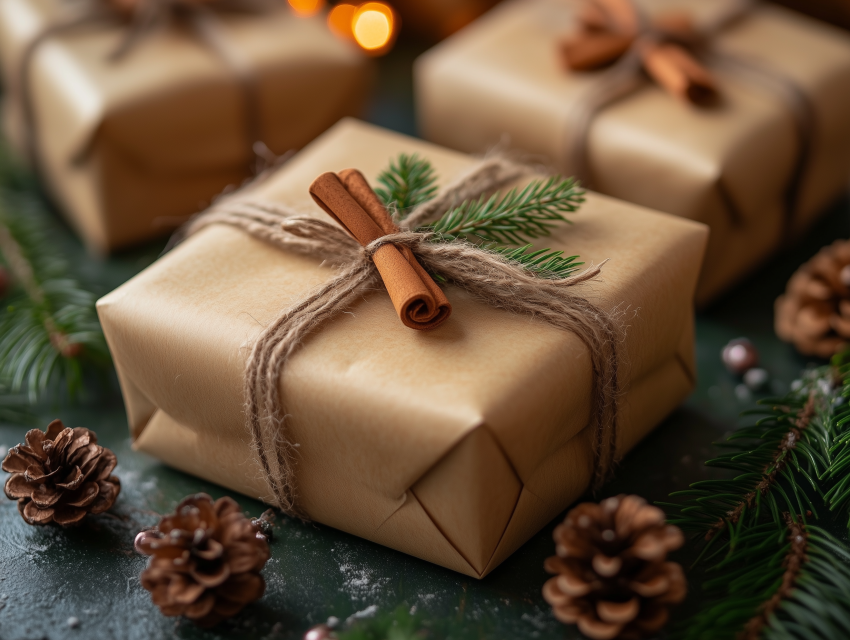 Rustic Christmas Gift Wrapped with Cinnamon Stick