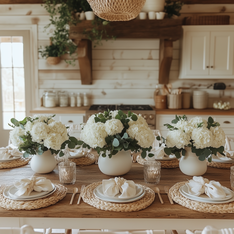 Rustic Dining Table with White Floral Centerpieces