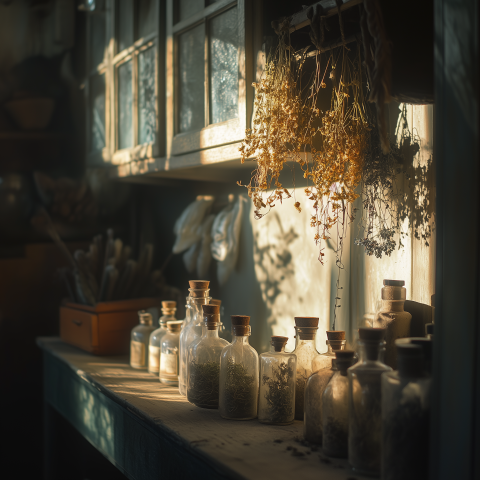Rustic Herb Apothecary Bathed in Sunlight