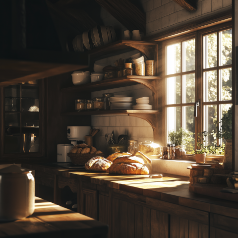 Rustic Kitchen with Freshly Baked Bread
