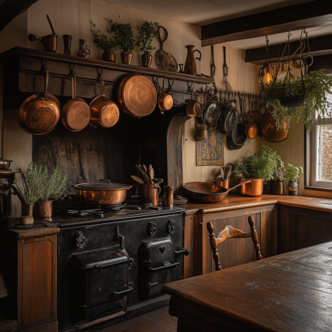 Rustic Kitchen with Hanging Copper Pans