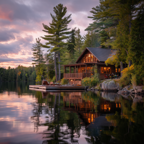 Rustic Lakeside Cabin at Dusk