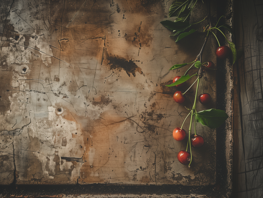 Rustic Metal Surface with Cherries on Branch