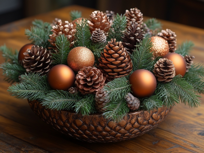Rustic Pinecone and Bronze Ornament Centerpiece