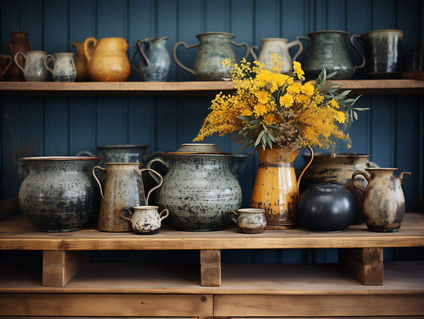 Rustic Pottery and Bright Yellow Flowers