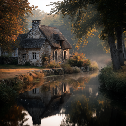 Rustic Riverside Cottage Surrounded by Autumn Trees