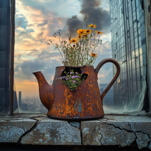 Rusty Teapot with Wildflowers on City Ledge