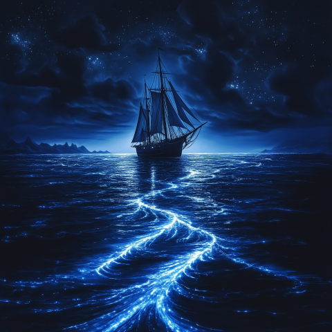 Sailing Ship on Bioluminescent Night Sea