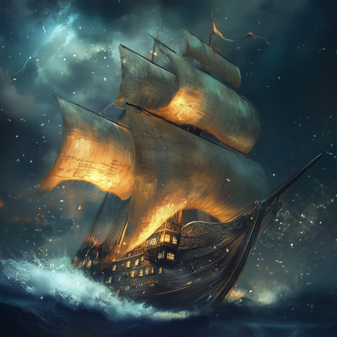 Sailing Ship With Glowing Fiery Sails
