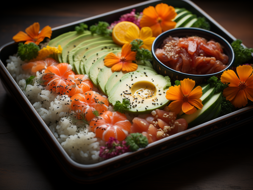 Elegant, Floral Sushi Platter with Avocado