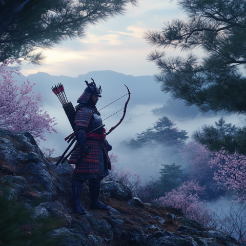Samurai Archer Overlooks Misty Valley