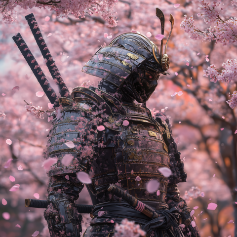 Samurai in Armor Among Cherry Blossoms