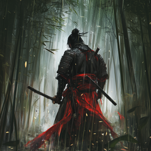 Samurai in Bamboo Forest with Dual Katanas