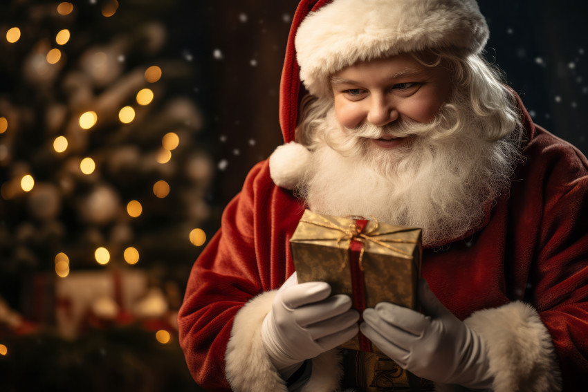 Santa Claus is giving presents to a child