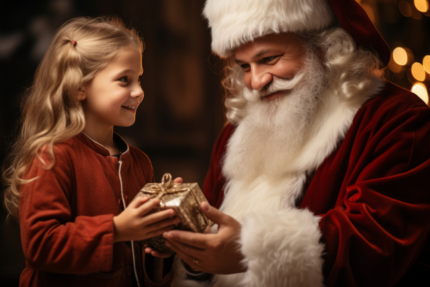 Santa Claus is giving presents to a child
